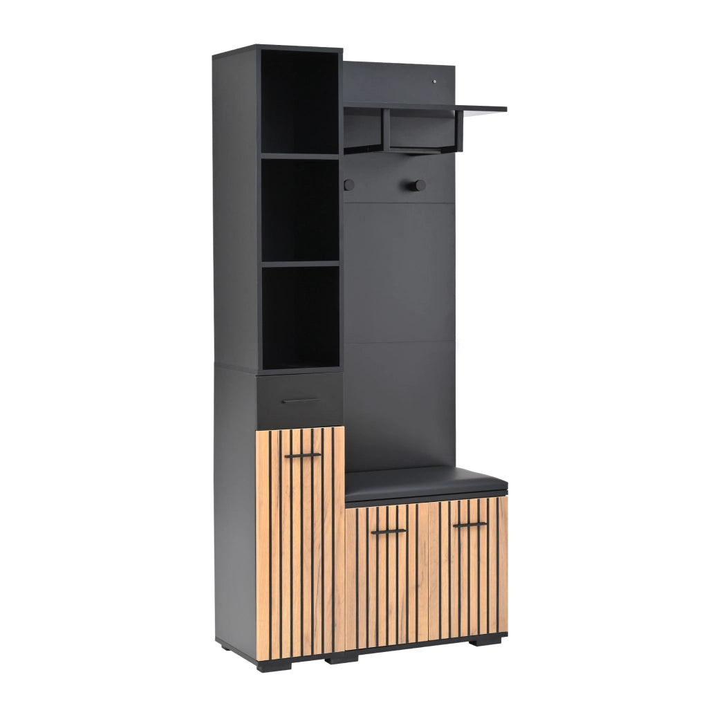 Mobile guardaroba multifunzione 80 x 35 x 175 cm con panca; 2 armadi e finitura nera e legno naturale