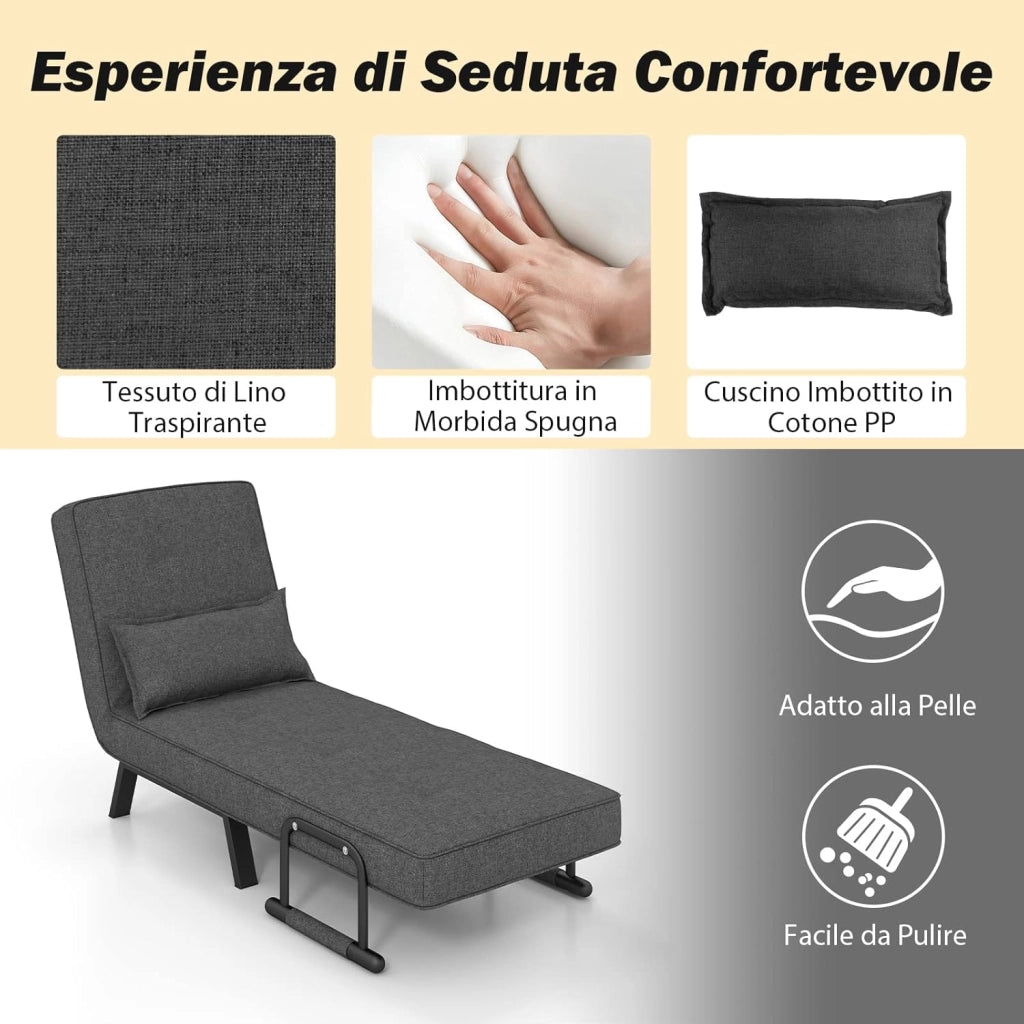 4 in 1 Poltrona Letto Singolo, Poltroncina Pieghevole con Schienale Regolabile in 6 Posizioni, Sedile Imbottito Robusto, Divano Letto per Casa Ufficio, 79x65x79 cm (Grigio scuro)