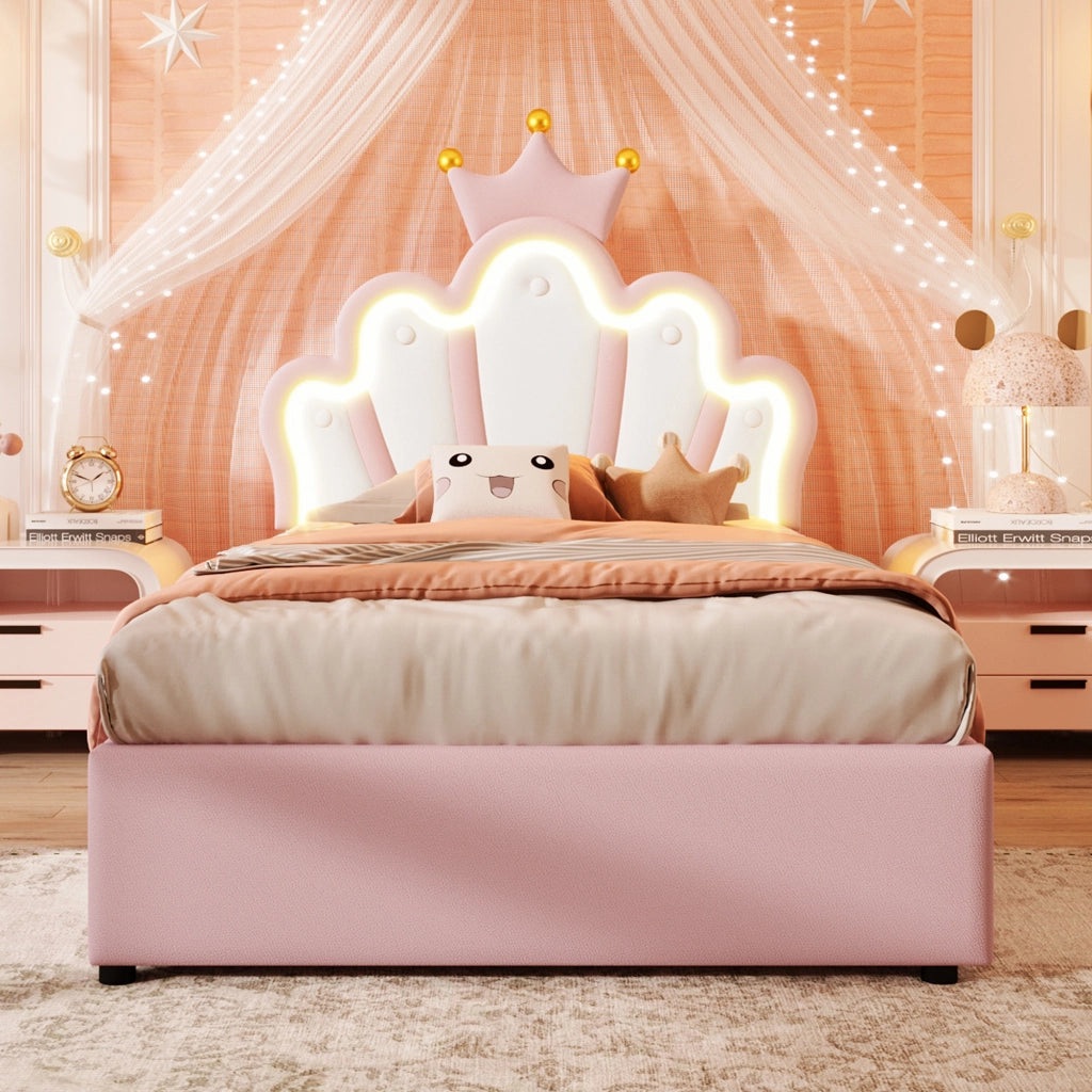 OKWISH Letto Bambini 90×200 cm, Letto Singolo con Contenitore Idraulico, LED Multicolore e Testiera Regolabile, senza Materasso, Rosa