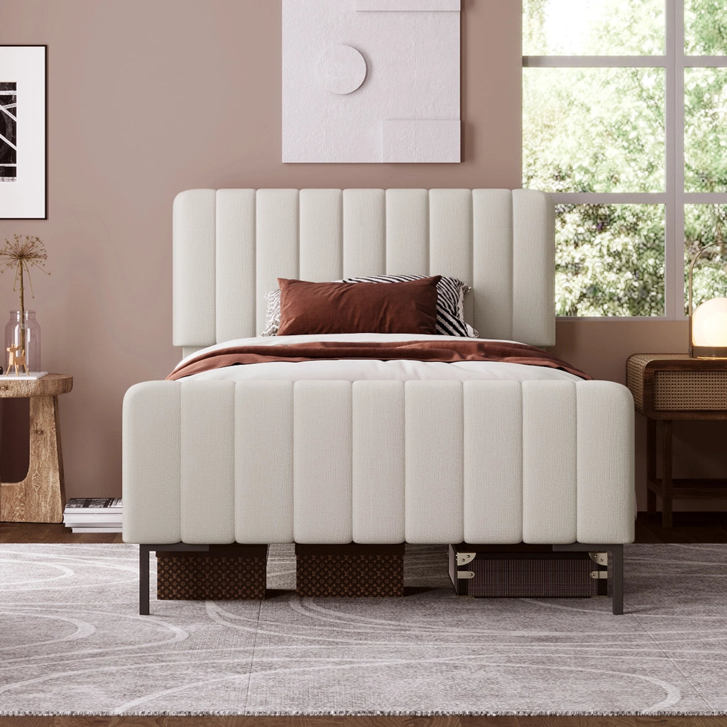 Letto singolo imbottito 90x200 cm con testiera regolabile; struttura in lino grigio-beige
