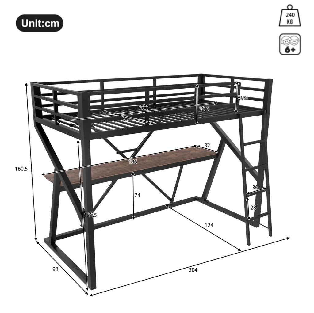 Letto a soppalco 90x200 cm con LED, scrivania e scala