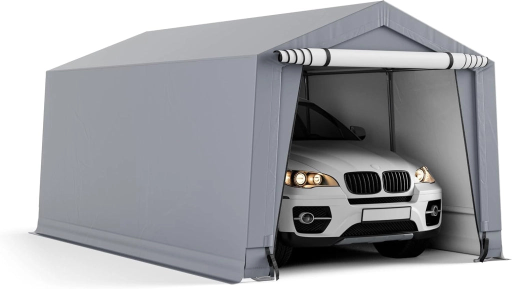Tendone Garage 2,9 x 4,9 m, Telaio in Acciaio Zincato, Travi Triangolari Rinforzate, per Auto, Moto, Biciclette, Carico e Evento all'aperto, Grigio