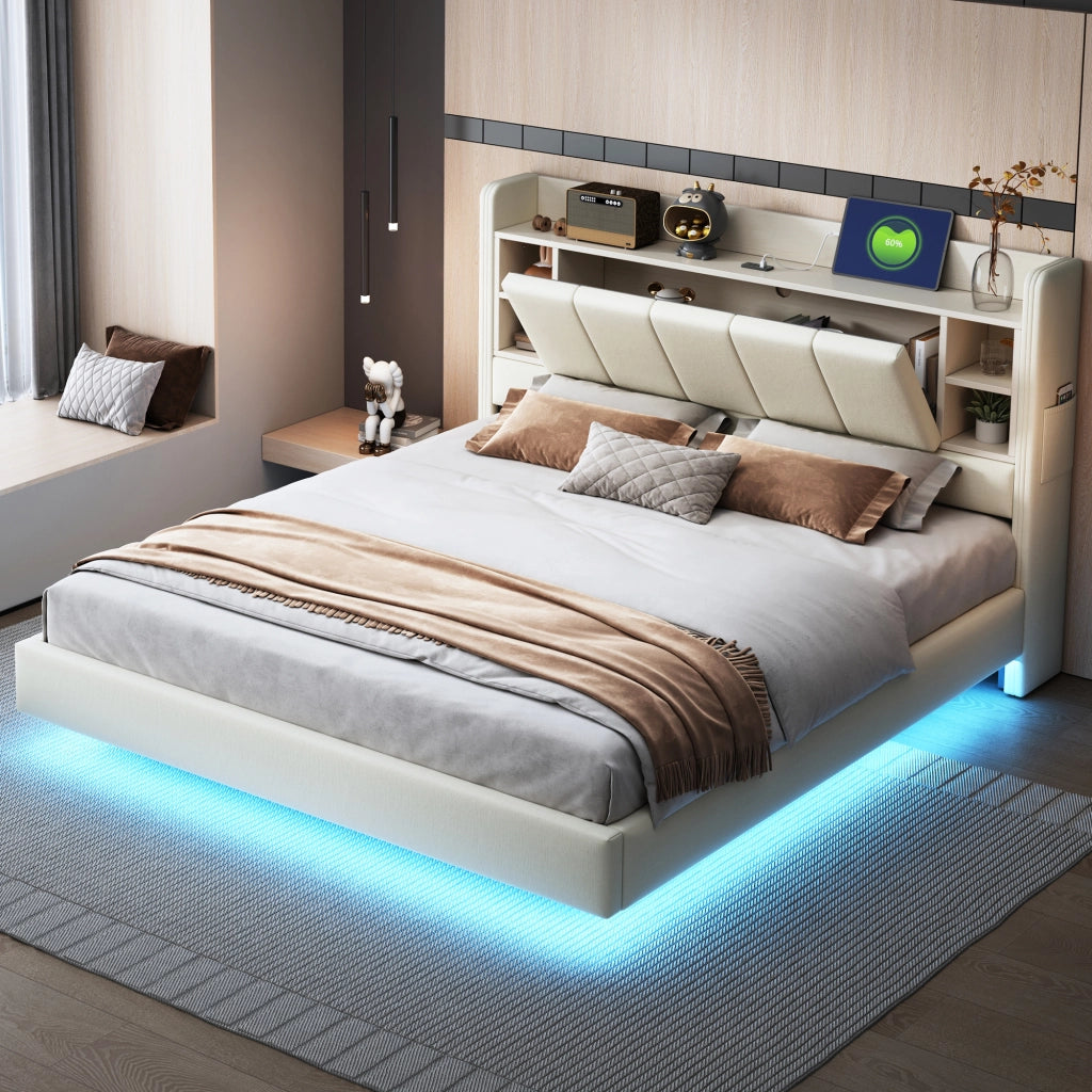 OKWISH Letto Imbottito 160×200 cm, Letto Matrimoniale con USB, LED Regolabile e Mensole, senza Materasso, in Tessuto, Beige