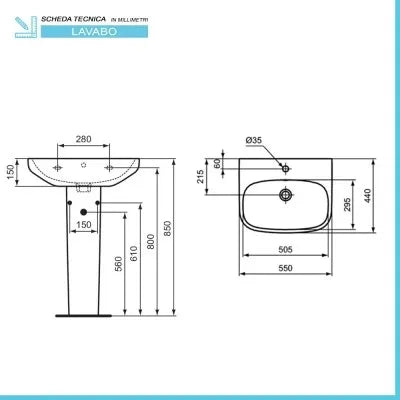 Lavabo Ideal Standard 55 cm con colonna in ceramica lucida  I.Life A