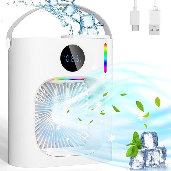 Condizionatore Portatile 4 in 1 con Nebulizzazione 900 ml - Raffreddatore Portatile Mini con Ventilatore USB - Scrivania con 3 Velocità e 7 Colori di Luce