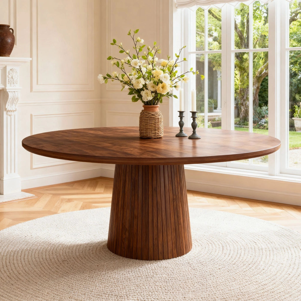 Tavolo da pranzo rotondo, diametro 110 cm, in MDF, finitura effetto rovere, con struttura metallica integrata, color noce
