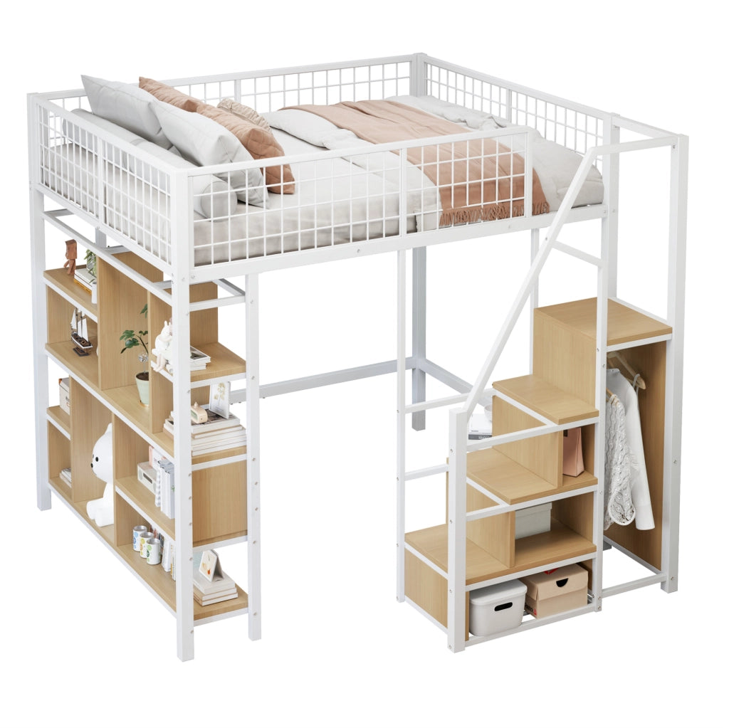 Letto a soppalco bianco 140 x 200 cm con scala contenitore