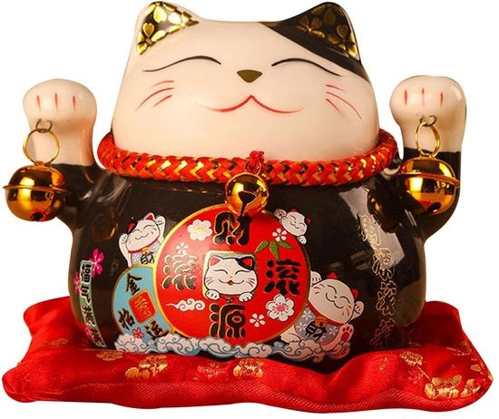 Gelukkig Gatto in Cermica 4,5 Pollici - Maneki Neko - Figura di Fortuna - Piatto di Moneta - Dipinto a Mano - Duraturo e Resistente al Sfregio
