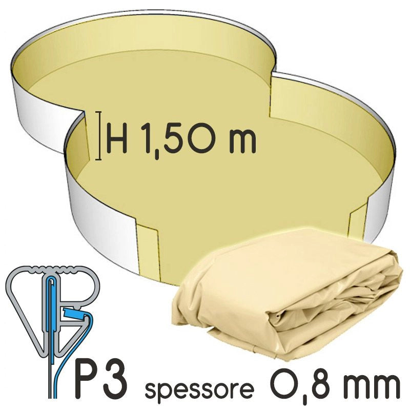Liner Per Piscina A Forma Di Otto 5,25 X 3,20 H.1,50 M Azzurro - Attacco P1 - Spessore 0,80 Mm Colore: Sabbia, Tipo attacco: P3, Altezza: 1.50 m