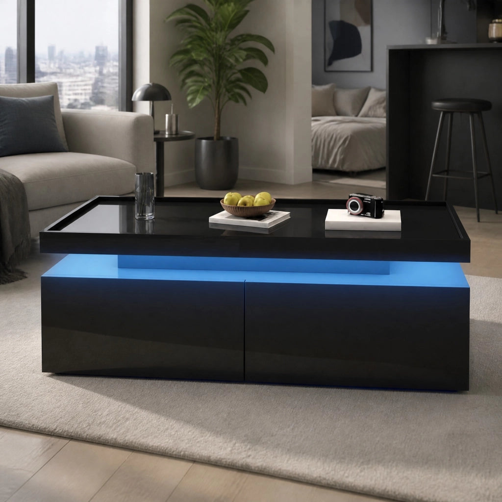 Tavolino da caff猫 con LED e 2 cassetti 95 x 45 x 35 cm in truciolare nero