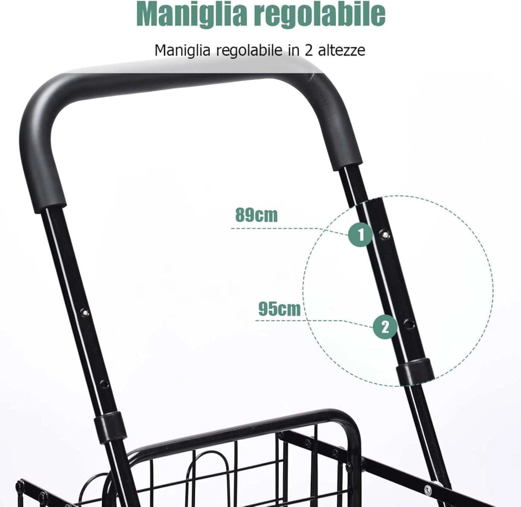 Carrello Portaspesa Pieghevole, Carrello Spesa con Ruote Girevoli a 360 °, Manico Regolabile, 2 Cesti, Capacità di Carico: 20 kg, 58L, 43 x 52 x 89-95 cm (Nero)