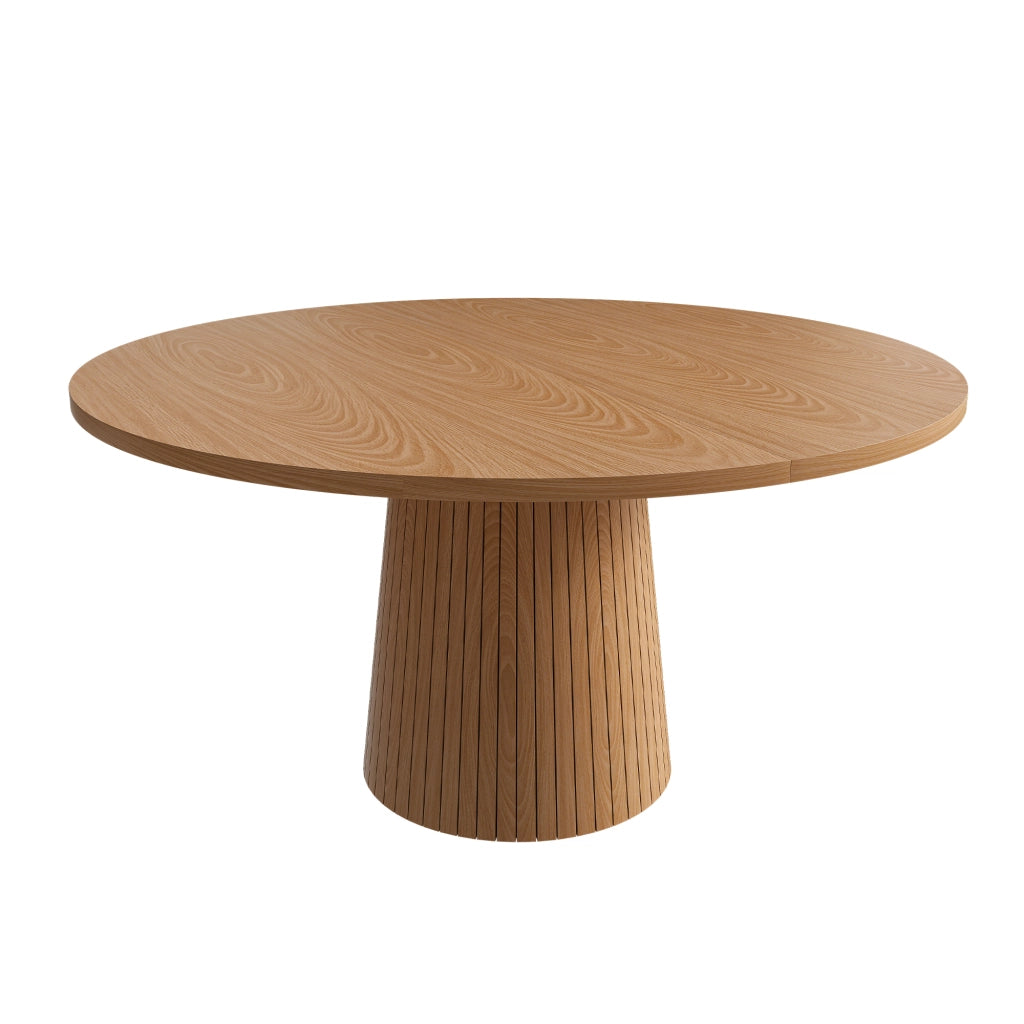 Tavolo da pranzo rotondo, diametro 110 cm, in MDF, finitura effetto rovere, con struttura metallica integrata, colore legno naturale