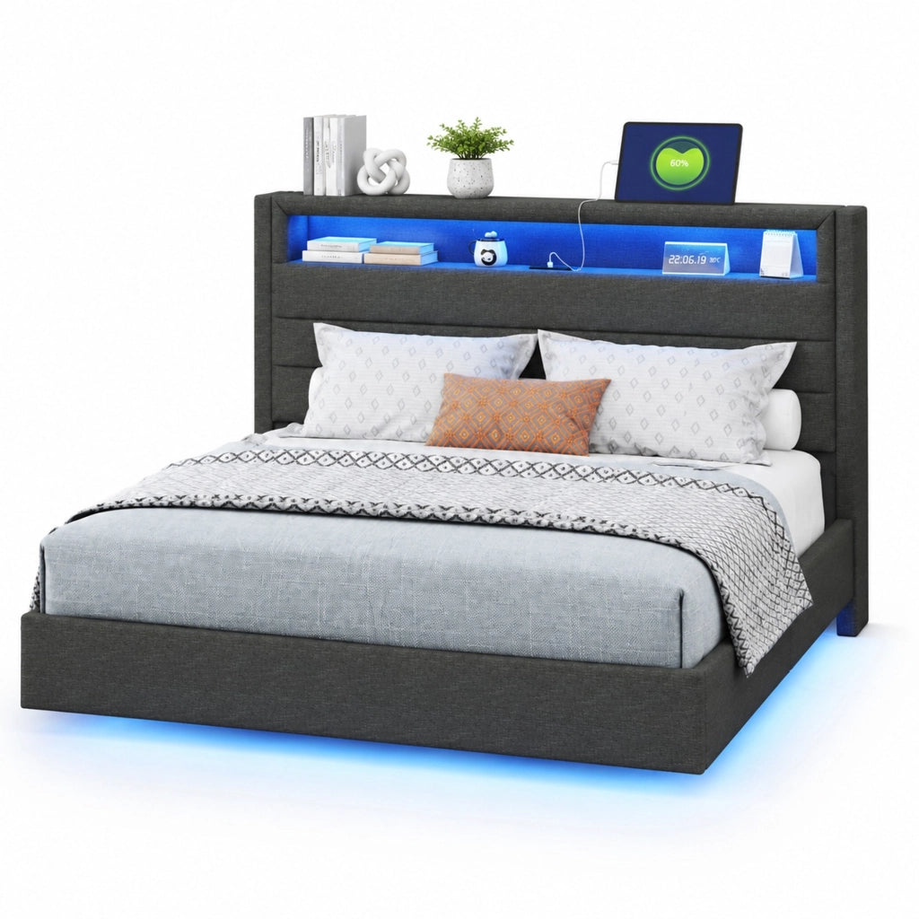 Letto imbottito grigio 140 x 200 cm con USB e luci LED