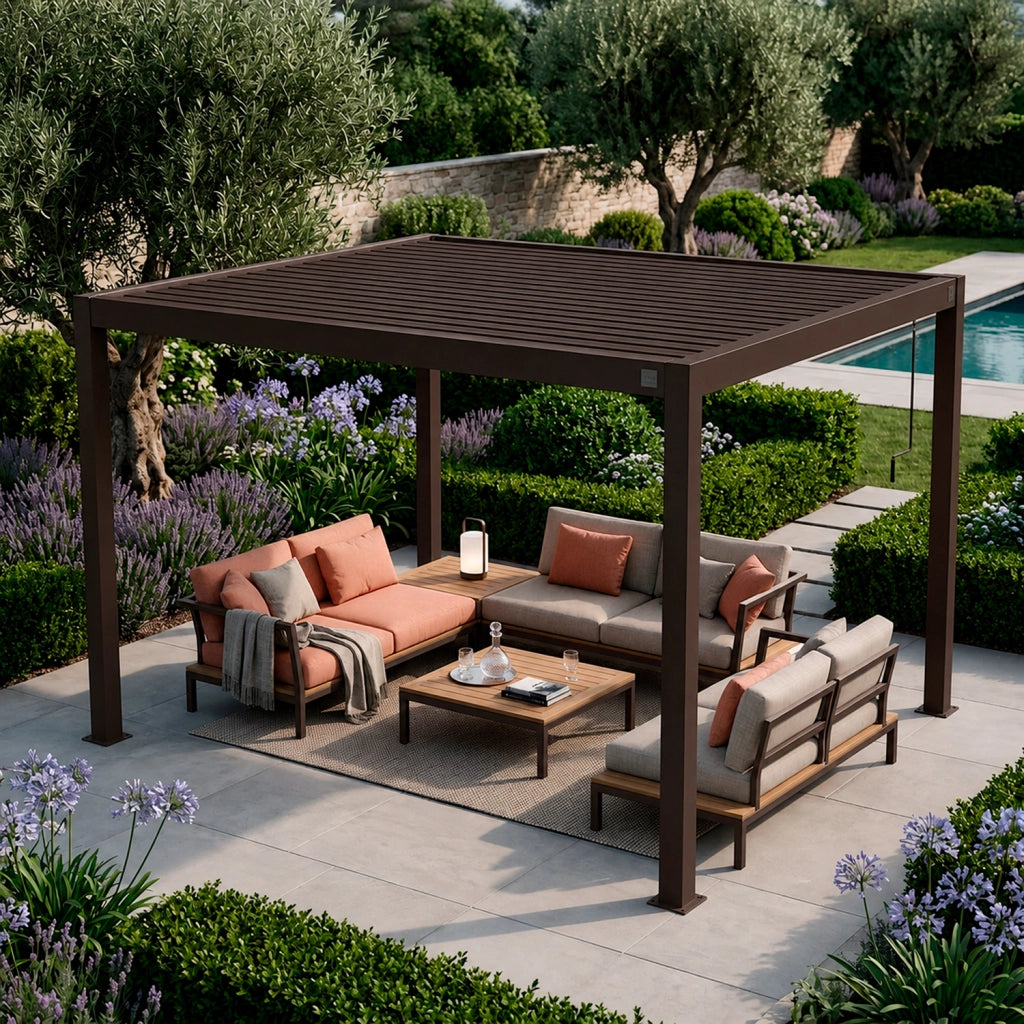 Pergola Bioclimatica 3x4 Metri Gazebo Con Tetto A Lamelle Orientabili Sistema Di Scarico Acqua Struttura In Alluminio E Acciaio Resistente Ai Raggi UV Per Giardino Terrazza E Piscina Marrone Opaco