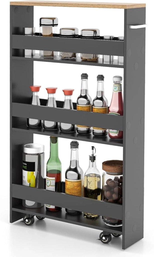 Carrello Portaoggetti da Cucina, Scaffale con Maniglia Laterale e Ruote, Carrello Salvaspazio con 3 Scaffali Stretti, 47,5x13x80,5 cm (Naturale+Grigio)