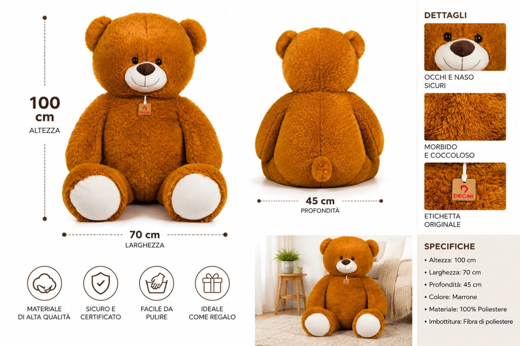 Orso Peluche Gigante 100 cm - Peluche Giganti - Orsacchiotto gigante - Orsetto di Peluche - Regali Bambini, Ragazza, Fid