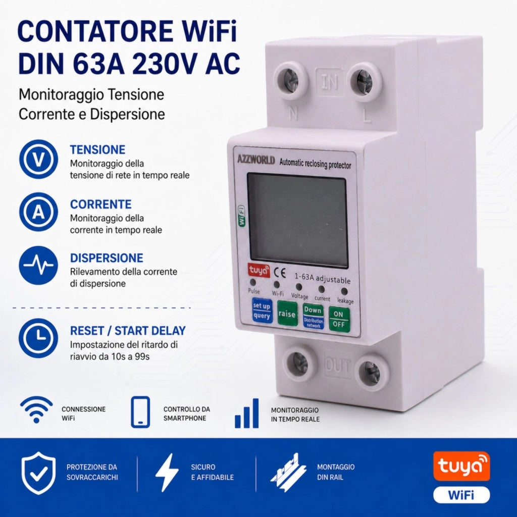 Contatore WiFi DIN 63A 230V AC, Monitoraggio Tensione Corrente e Dispersione