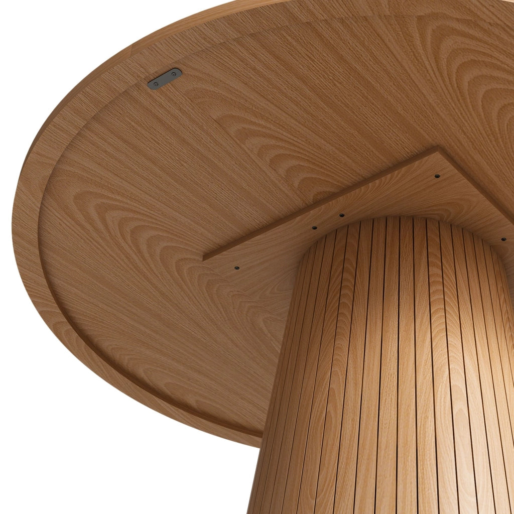 Tavolo da pranzo rotondo, diametro 110 cm, in MDF, finitura effetto rovere, con struttura metallica integrata, colore legno naturale