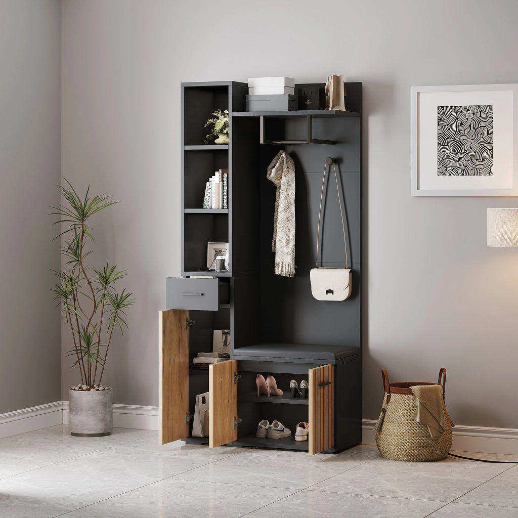 Mobile guardaroba multifunzione 80 x 35 x 175 cm con panca; 2 armadi e finitura nera e legno naturale