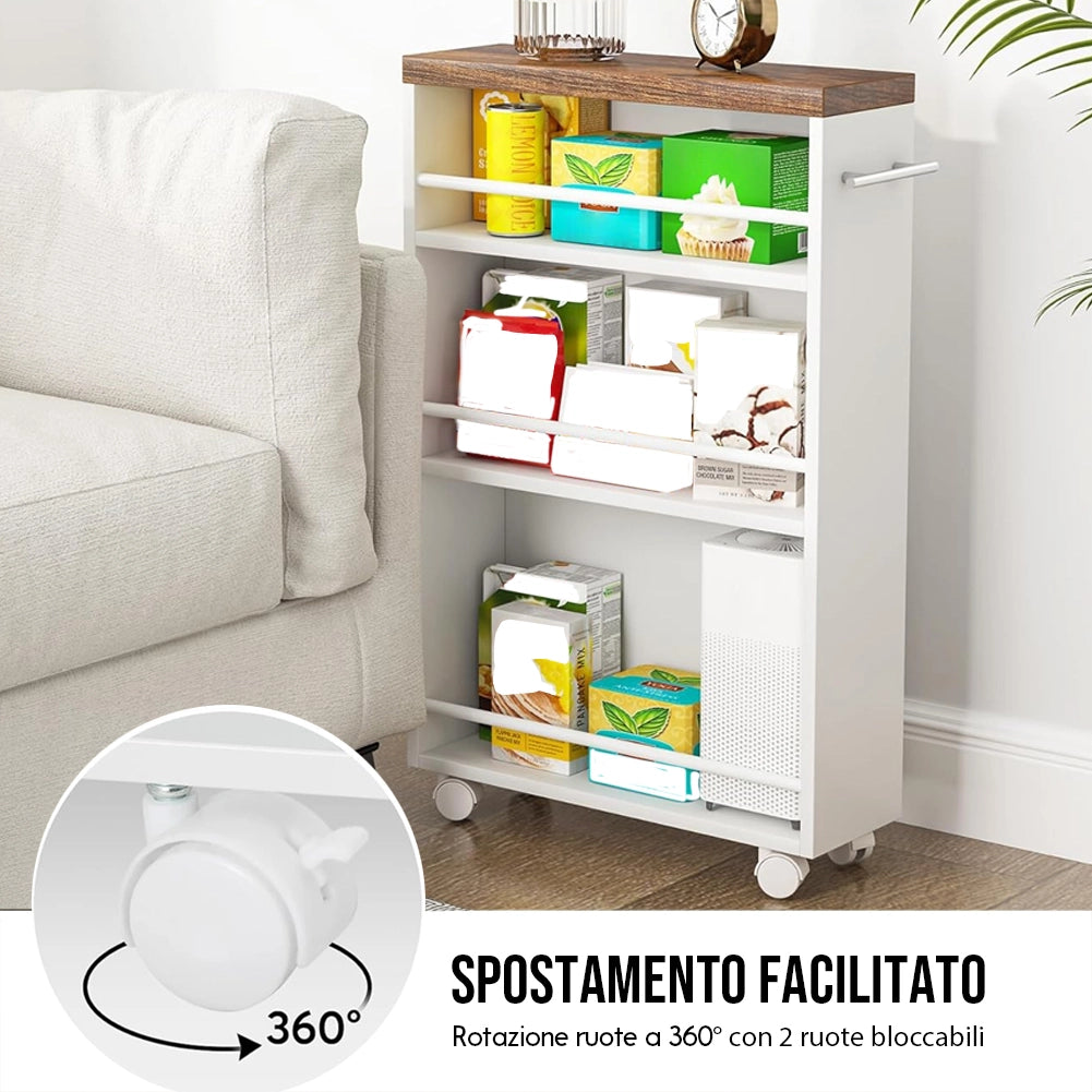 Carrello Portaoggetti da Cucina Slim Salvaspazio Bianco Industrial con 4 Ruote