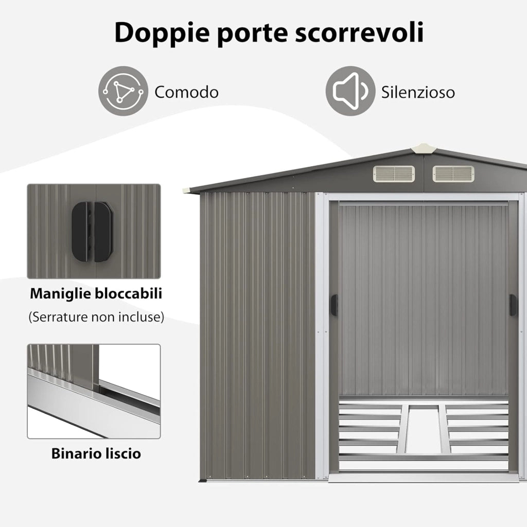 Casetta da Giardino 260 x 207 x 181 cm, Capanni da Esterno con 4 Feritoie, Doppie Porte e Rampa, Capannone Porta Attrezzi in Acciaio Zincato per Giardino e Cortile (Grigio sicuro)