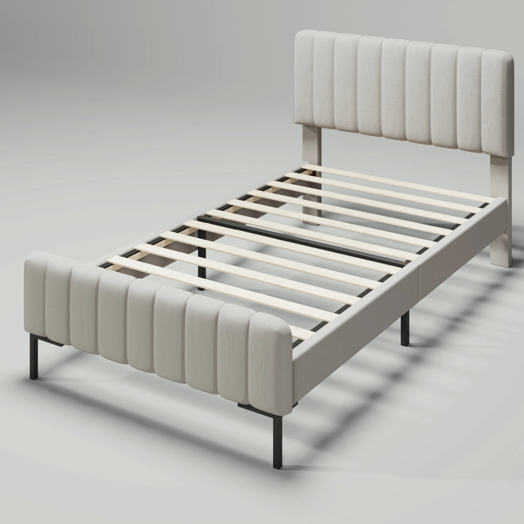Letto singolo imbottito 90x200 cm con testiera regolabile; struttura in lino grigio-beige