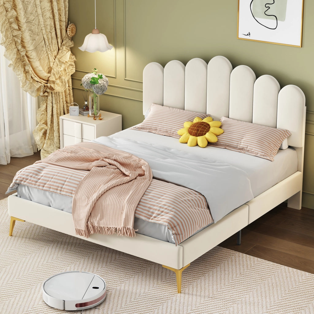 OKWISH Letto Matrimoniale 140×200 cm con Testiera Regolabile e 12 Doghe, senza Materasso, in Velluto Imbottito, Beige