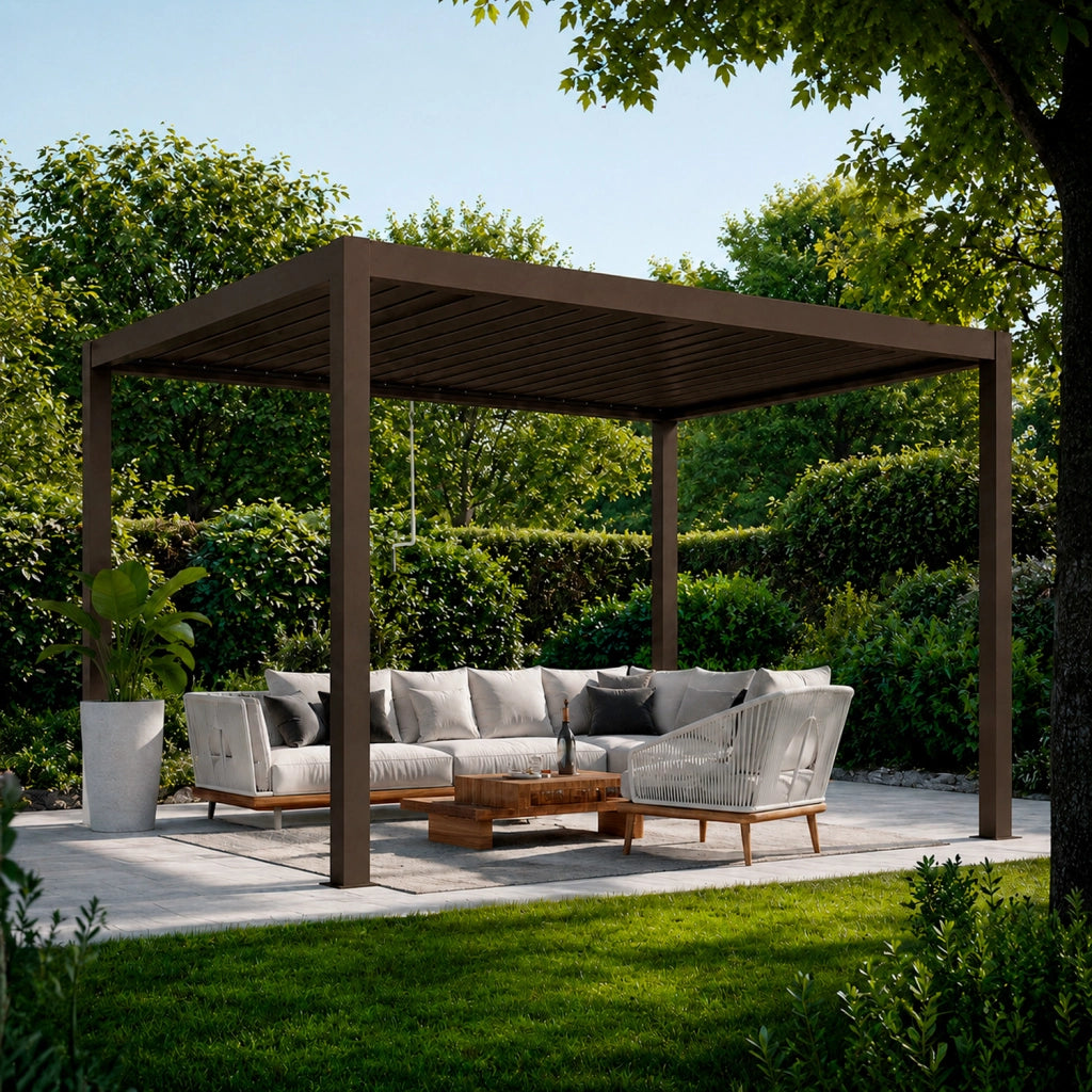Pergola Bioclimatica 3x4 Metri Gazebo Con Tetto A Lamelle Orientabili Sistema Di Scarico Acqua Struttura In Alluminio E Acciaio Resistente Ai Raggi UV Per Giardino Terrazza E Piscina Marrone Opaco