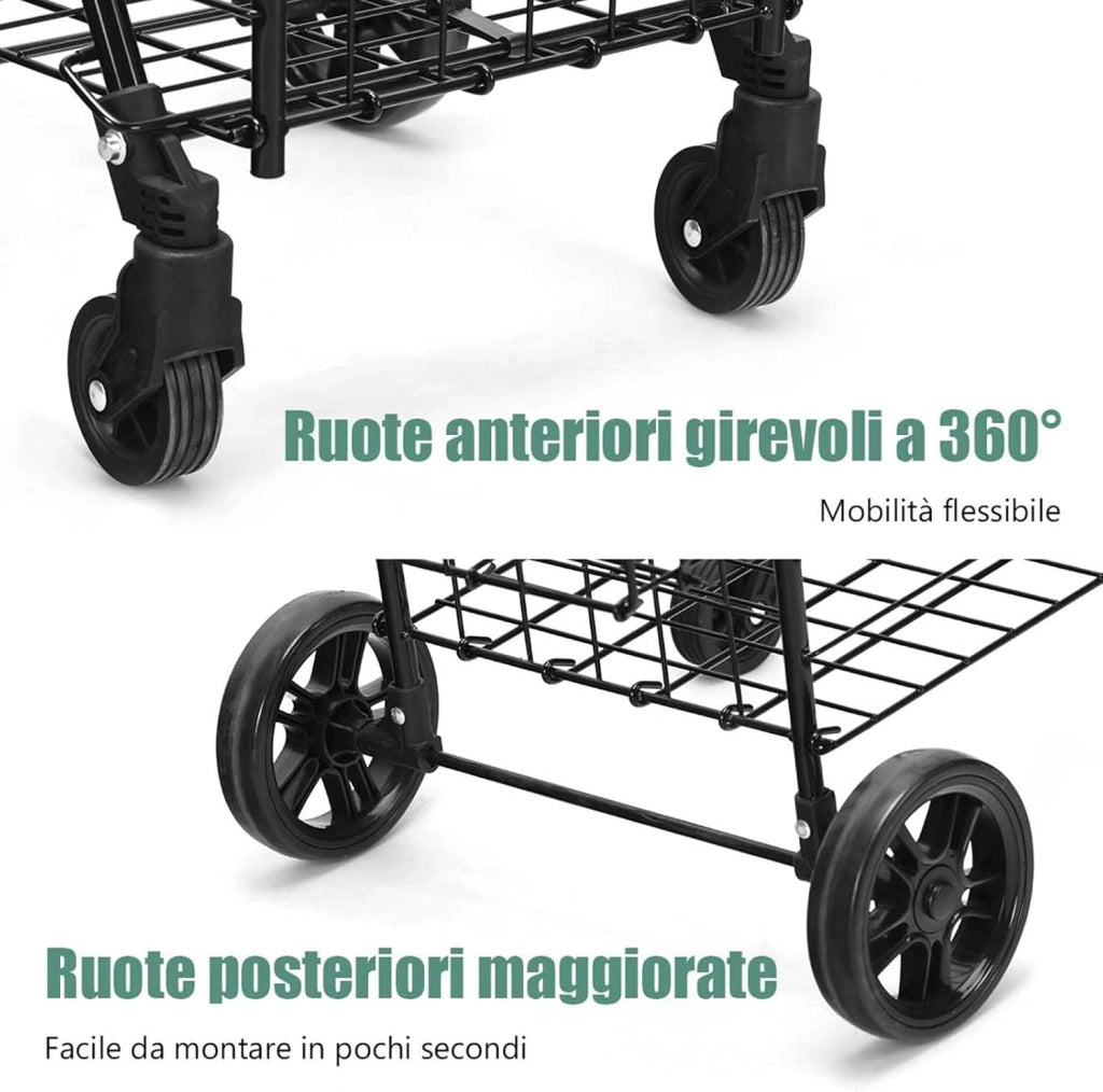 Carrello Portaspesa Pieghevole, Carrello Spesa con Ruote Girevoli a 360 °, Manico Regolabile, 2 Cesti, Capacità di Carico: 20 kg, 58L, 43 x 52 x 89-95 cm (Nero)