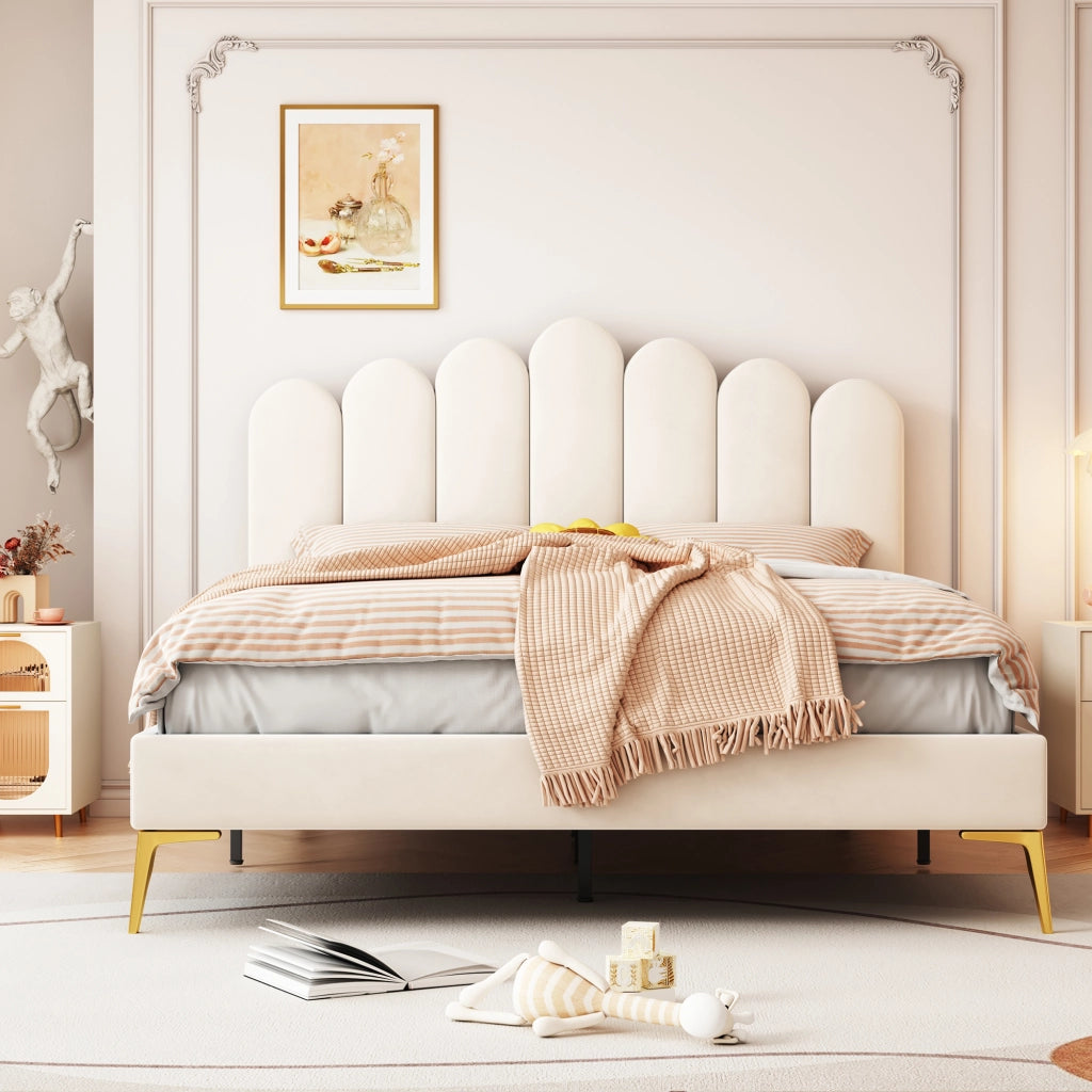 OKWISH Letto Matrimoniale 140×200 cm con Testiera Regolabile e 12 Doghe, senza Materasso, in Velluto Imbottito, Beige