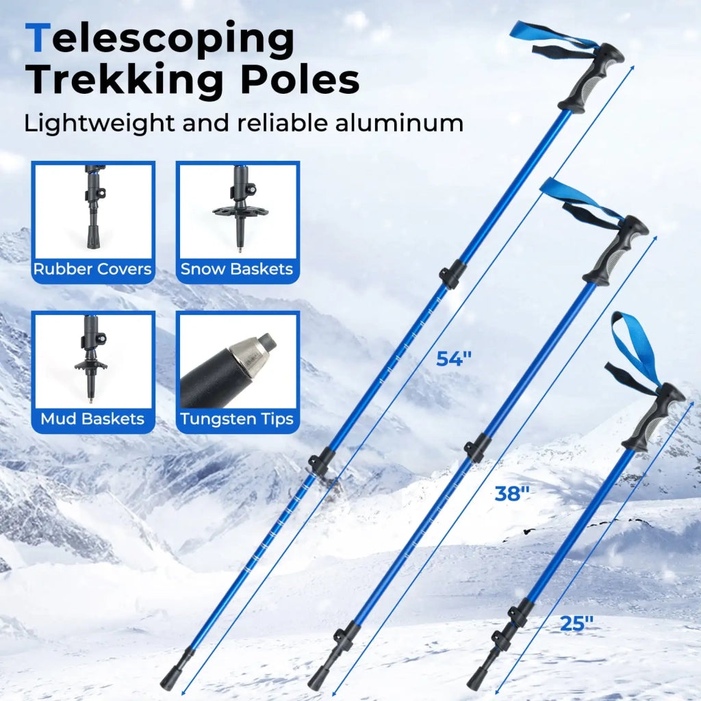Ciaspole da Neve 63 cm in Alluminio con Bastoncini da Trekking e Borsa Kit Racchette da Neve Regolabili Leggere Blu