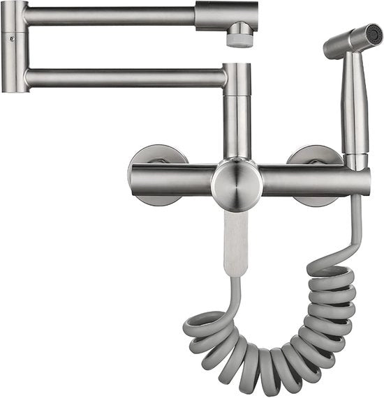 Faucetta da Parete, Sfioratore Acqua Calda e Fredda con Funzione Doppia, Materiale: Inox 304 Pieghevole, Montaggio da Parete con Pistola Spray Multifunzionale (Inox Liscio)