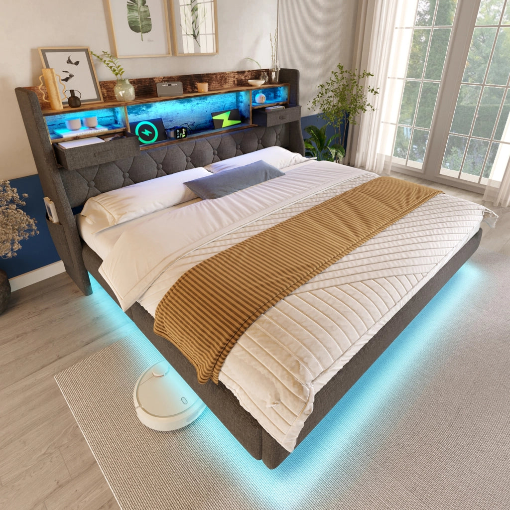 Letto matrimoniale 180x200 cm con LED; USB; Type-C e contenitore in lino grigio