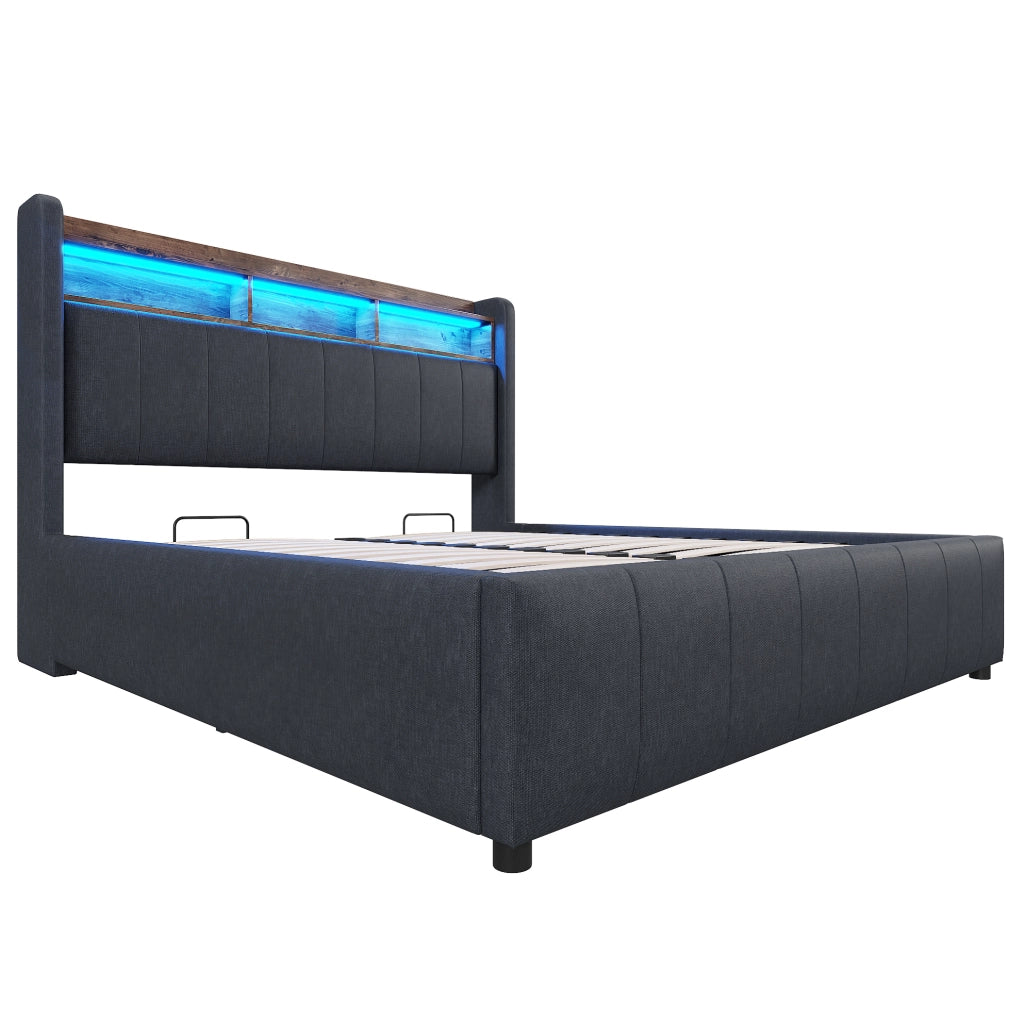 Letto imbottito 140 x 200 cm grigio con LED, USB, vano idraulico e testiera