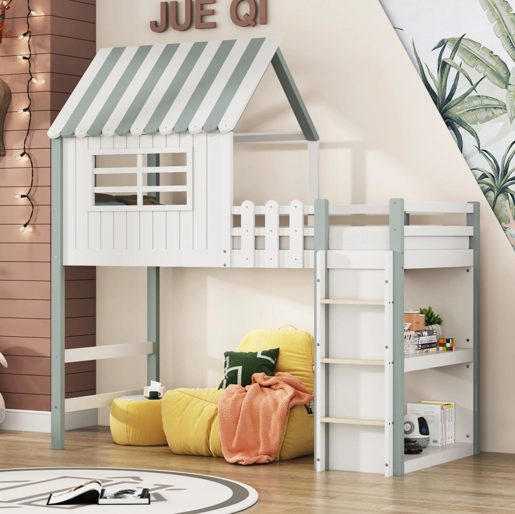 Letto per bambini a casetta verde 90 x 200 cm con scala e rete
