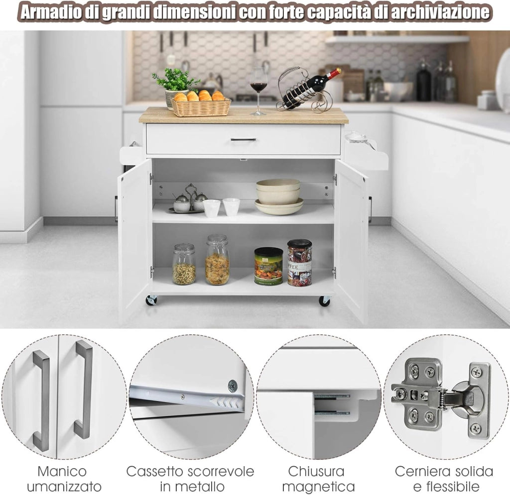 Carrello da Cucina con Ruote di Gomma, Scaffale per Microonde Carrello Servizio, Mobile Cucina con Ripiani e Ante, Credenza Cucina Legno Moderno Elegante, 116 x 37 x 85 cm (Bianco)