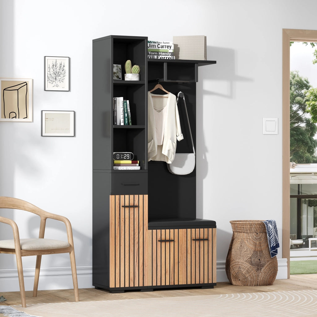 Mobile guardaroba multifunzione 80 x 35 x 175 cm con panca; 2 armadi e finitura nera e legno naturale