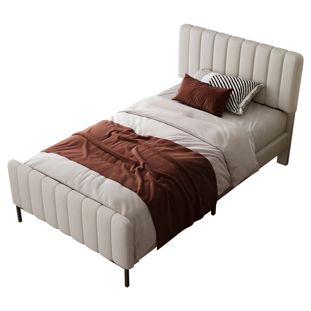 Letto singolo imbottito 90x200 cm con testiera regolabile; struttura in lino grigio-beige
