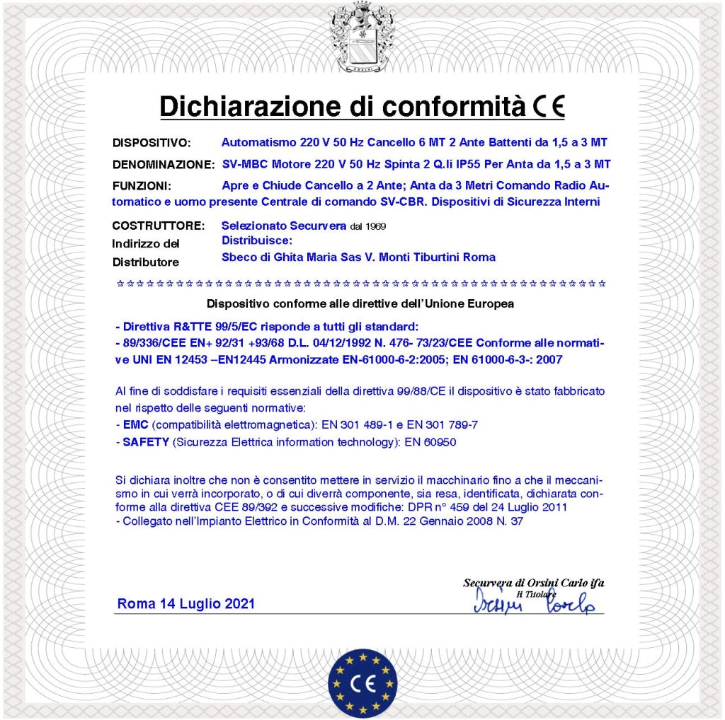 Automatismo Cancello 6 Metri 2 Ante Kit Base Motori Elettromeccanici 230 V Corsa 500 mm Spinta 2 Q.tali Centrale Con Radio 2 Coppie di Fotocellule Radiocomando Faro 2 Chiavi Sblocco Cartello Monitore