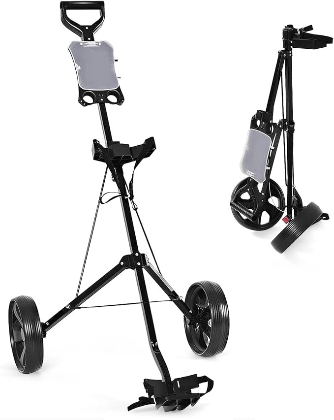 Carrello da Golf Pieghevole con 2 Ruote, Carrello da Golf in Ferro con Tabellone Segnapunti, 140 x 63,5 x 113 cm, Nero(Nero)