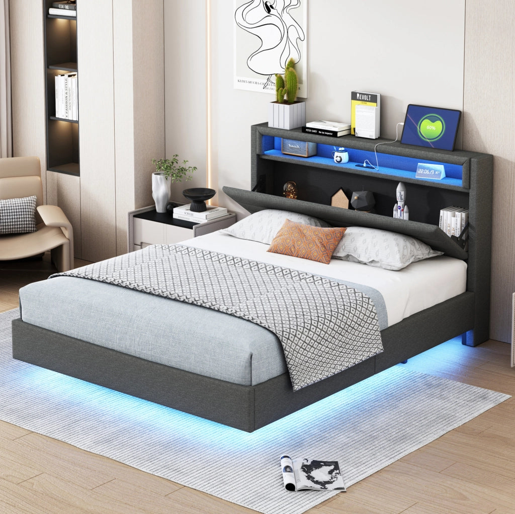 Letto imbottito grigio 140 x 200 cm con USB e luci LED