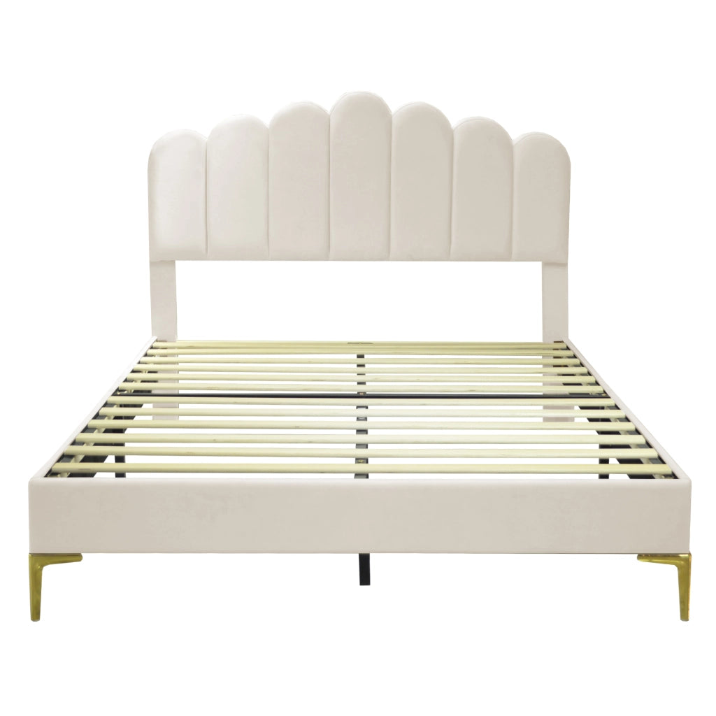 OKWISH Letto Matrimoniale 140×200 cm con Testiera Regolabile e 12 Doghe, senza Materasso, in Velluto Imbottito, Beige