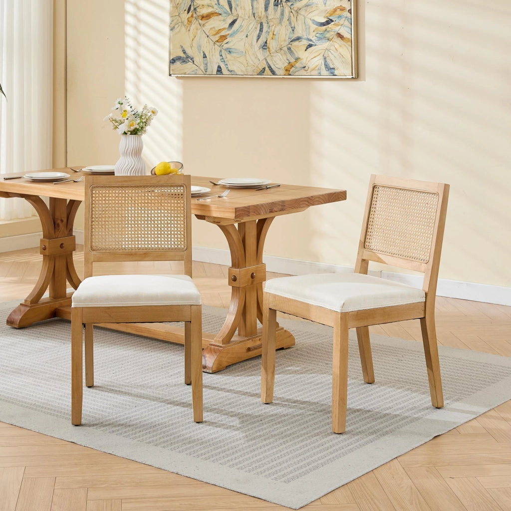 Set di 2 sedie da pranzo, schienale in vimini, stile rustico, struttura in legno, seduta imbottita, colore legno naturale e beige