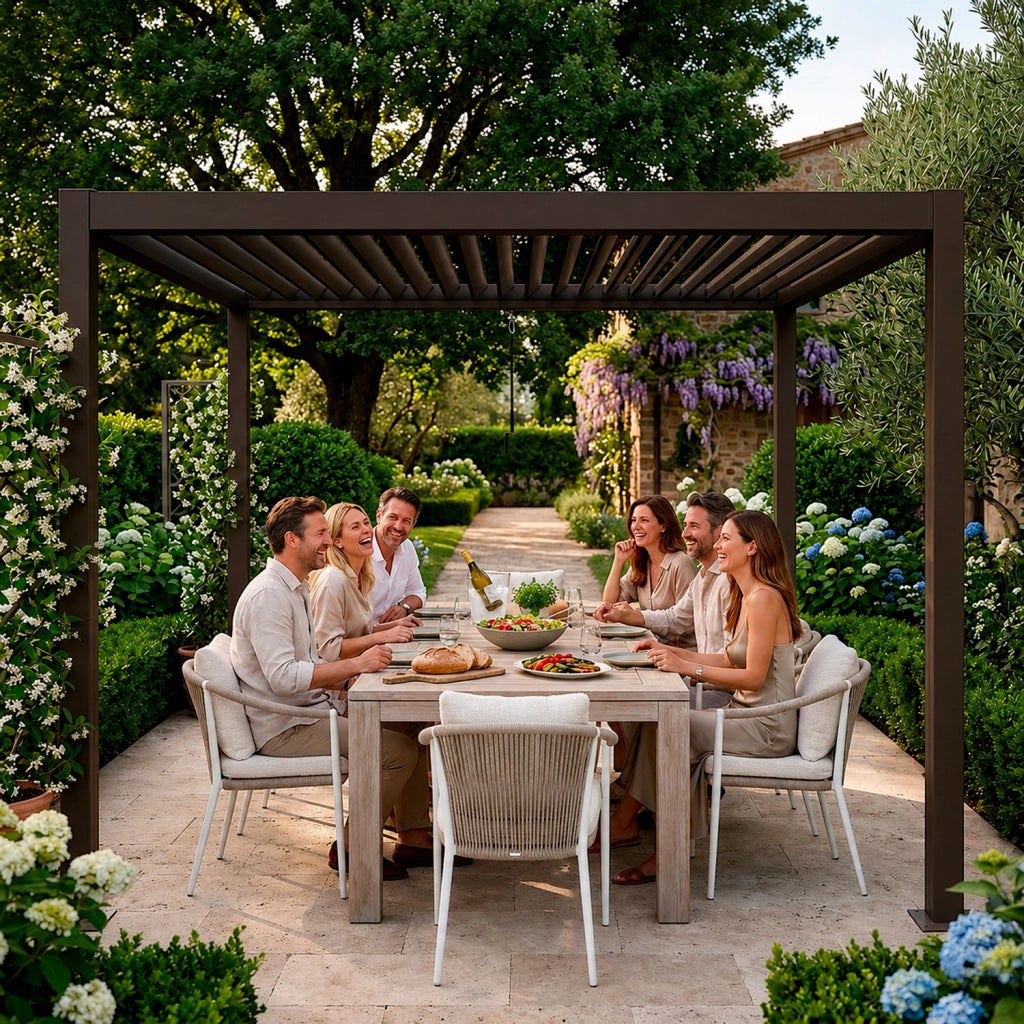 Pergola Bioclimatica 3x4 Metri Gazebo Con Tetto A Lamelle Orientabili Sistema Di Scarico Acqua Struttura In Alluminio E Acciaio Resistente Ai Raggi UV Per Giardino Terrazza E Piscina Marrone Opaco