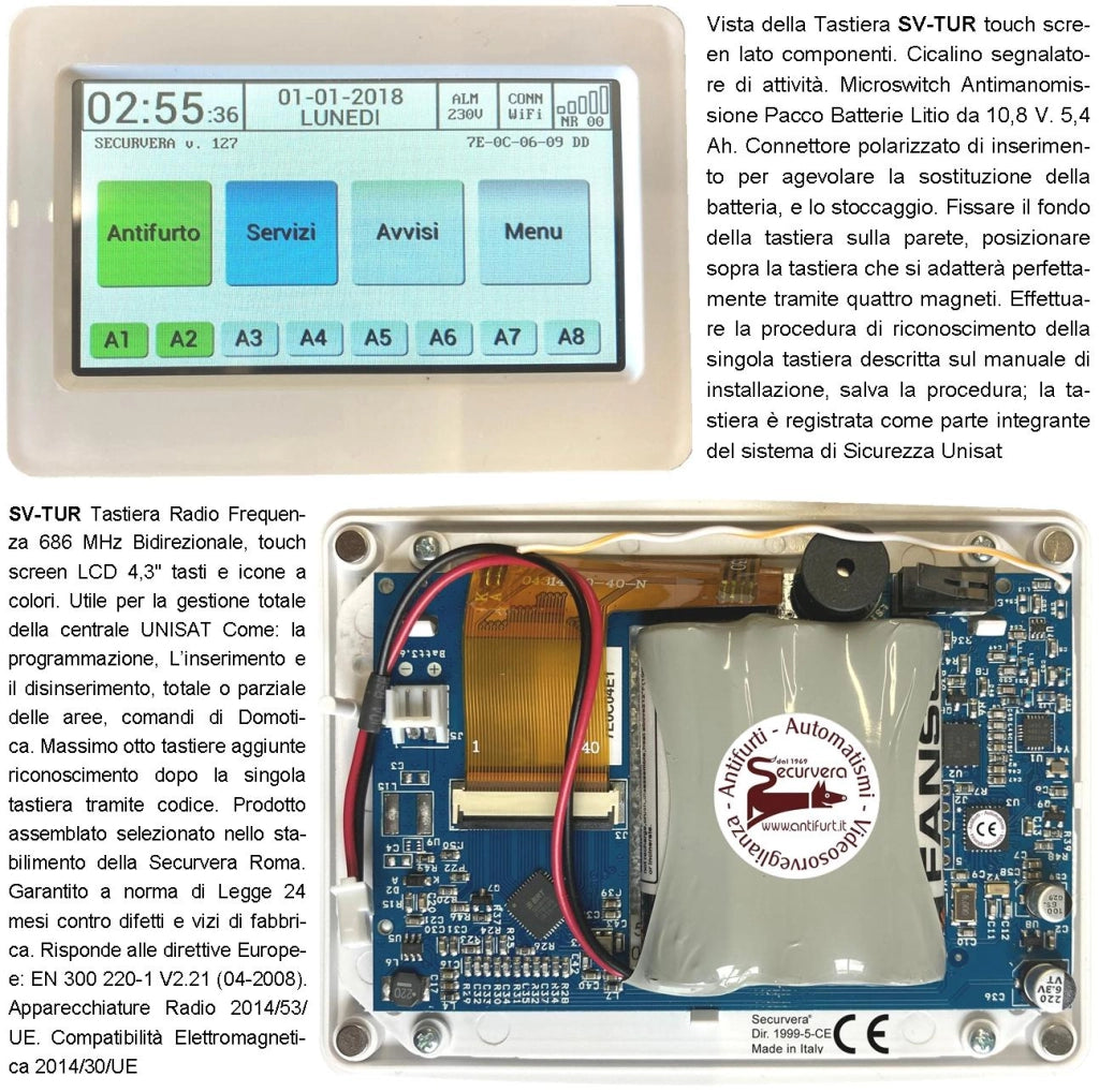 Tastiera Radio Touch Screen a Colori Frequenza 868 MHz Bidirezionale Monitor LCD 4,3 Pollici Optional della Centrale Unisat Max 8 Stesse Icone e Gestione Delle APP Comandi Domotica Fissaggio a Parete