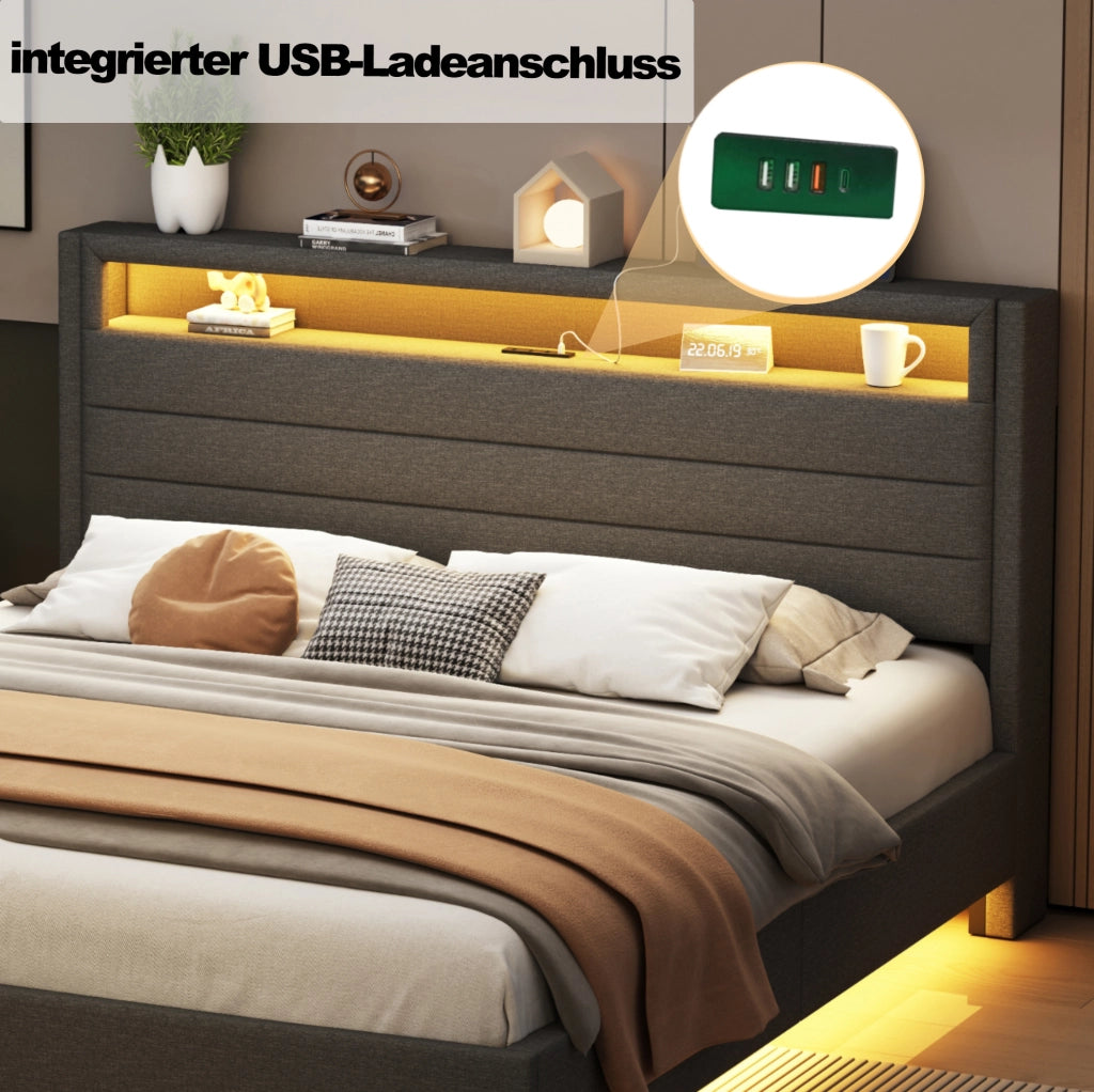 Letto imbottito grigio 140 x 200 cm con USB e luci LED