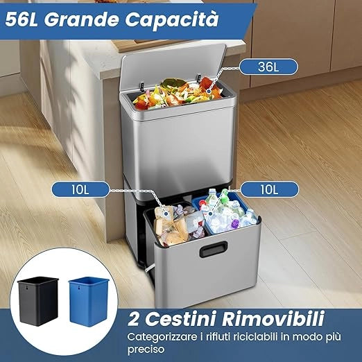 56L Pattumiera in Acciaio Inossidabile, Cestino della Spazzatura con Sensore di Movimento e 2 Contenitori Interni Rimovibili, Coperchio a Chiusura Lenta per Cucina Soggiorno Ufficio (Argento)