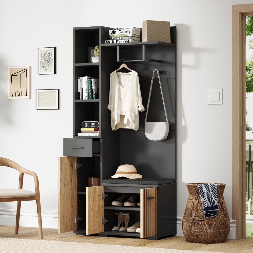 Mobile guardaroba multifunzione 80 x 35 x 175 cm con panca; 2 armadi e finitura nera e legno naturale