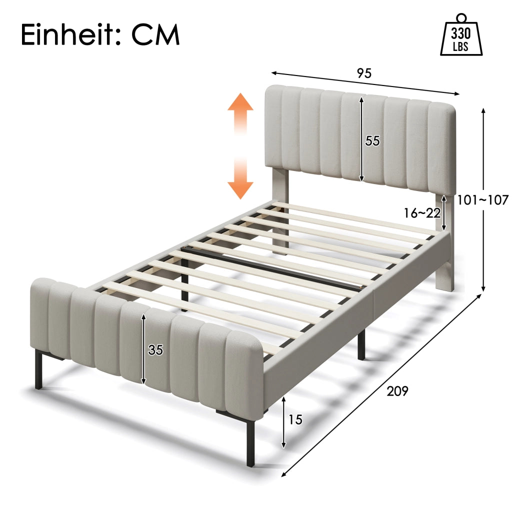 Letto singolo imbottito 90x200 cm con testiera regolabile; struttura in lino grigio-beige