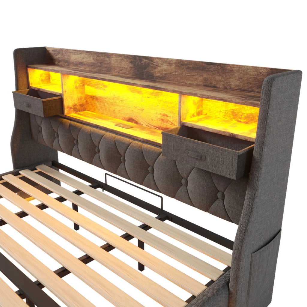 Letto matrimoniale 180x200 cm con LED; USB; Type-C e contenitore in lino grigio